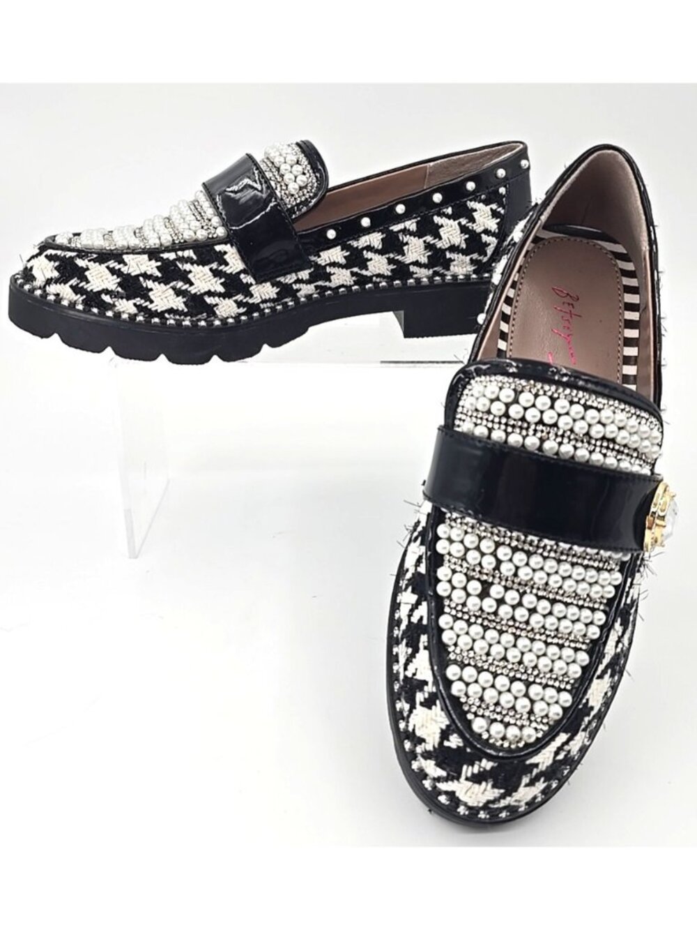 Betsey Johnson Mariam Loafers Rhinestone Houndstooth Faux Pearls Whimsical Sz 5M